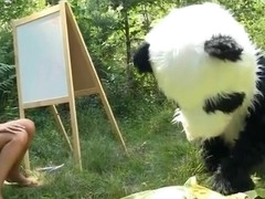 On a sunny summer day a pretty artist decided to go to the woods to paint a beautiful landscape picture. But her plans were ruined when this babe saw a huge panda bear migrant near her. However, this chab turned out to be so cute and playful, the teenage hottie forgot about her painting and even let him take her raiment off. And then this babe saw panda's strap on penis, and there was solely lubricious sex on her mind. The angel widen her legs wide, letting the horny bear drill her oozing snatch with that awesome megadildo of his.